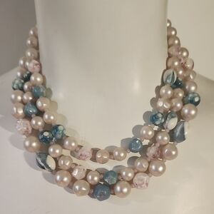 Vintage | Hong Kong Pink & Blue/White Marbled Beaded Necklace 1960's
